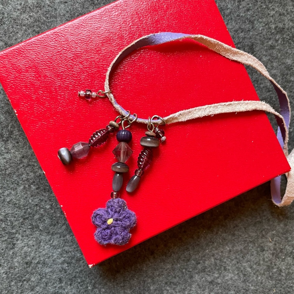 Purple Flower Necklace with Leather & Ribbon; 22” - Picture 2 of 3